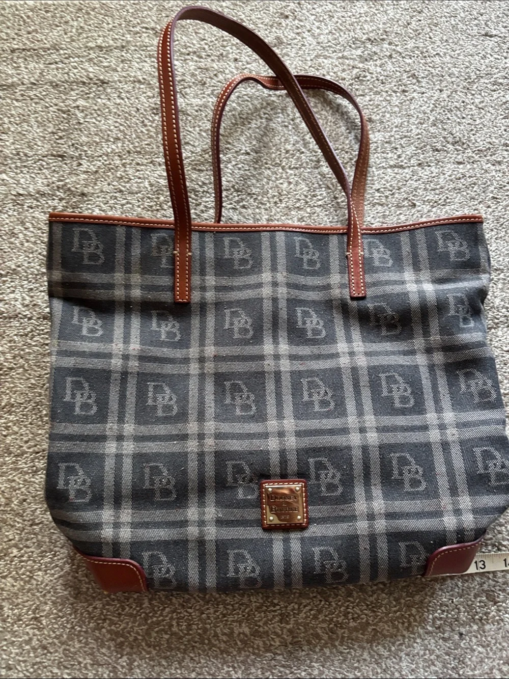 Dooney & Bourke Gray Plaid Canvas Tote with Brown Leather Trim